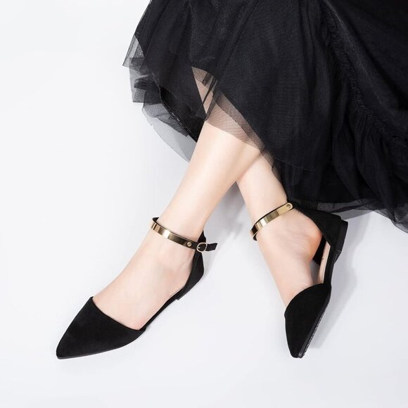 🆕Women Black Gold Suede Rhinestone Pointed Toe Dressy Flat Bow Ballet Shoes - Picture 7 of 7